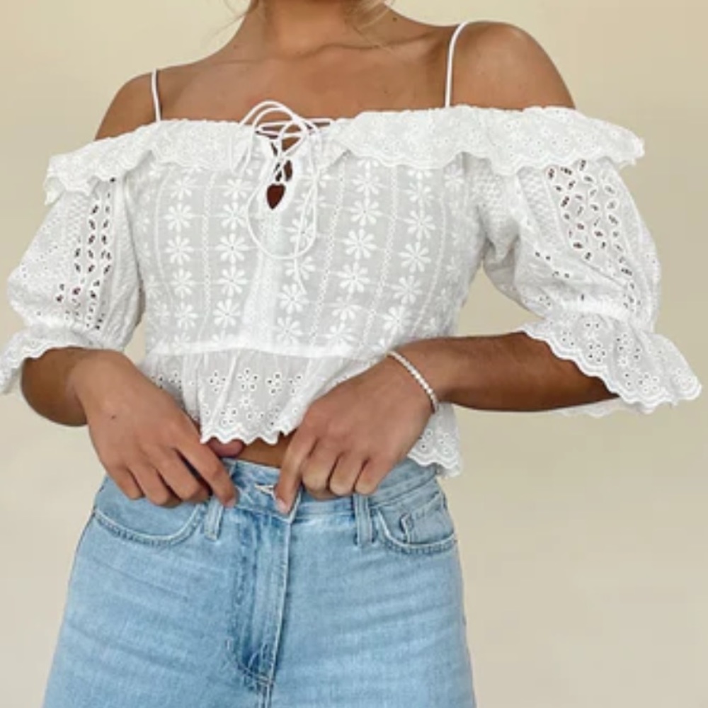 White Ruffle Eyelet Off The Shoulder Top